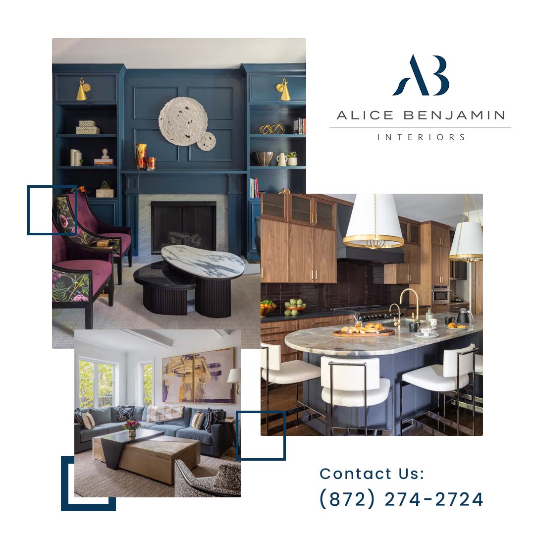 A stylish living room featuring a vibrant royal blue velvet chesterfield sofa, built-in shelving around a fireplace, two modern armchairs, and round ottomans.