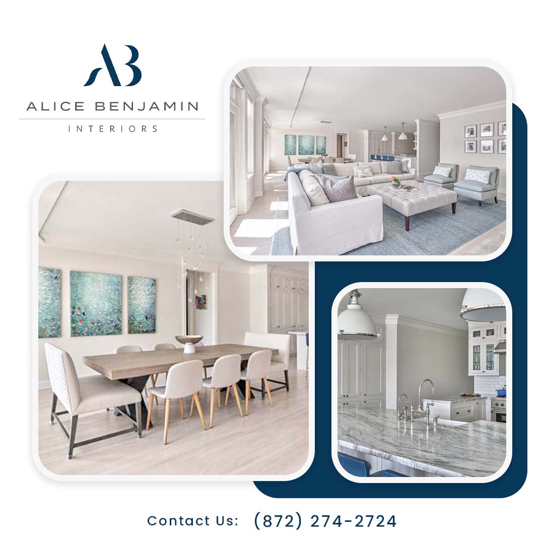A collage of bright interior design projects by Alice Benjamin Interiors featuring a spacious living room, dining area with a long table, and marble kitchen island.