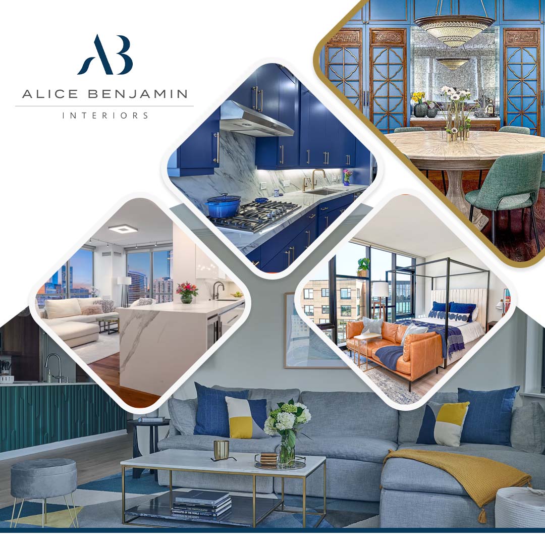 Photo collage showing luxury living rooms, modern blue kitchen cabinetry, an elegant dining space, and a high-rise bedroom design by Alice Benjamin Interiors.