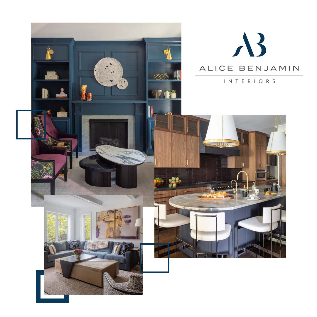 Photo collage featuring a navy blue living room with a fireplace, a luxury kitchen with walnut cabinets and an island, and a bright contemporary seating area.