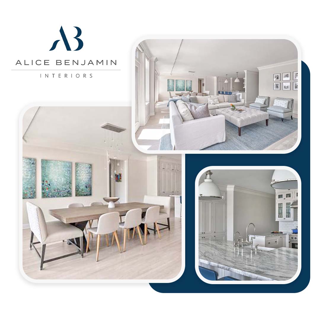 Photo collage showing a spacious open-concept living area, an elegant dining room set, and a kitchen island with marble countertops by Alice Benjamin Interiors.