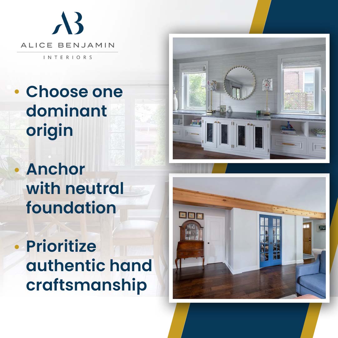 Styled interior rooms featuring a custom built-in sideboard with a round mirror, and a hallway with exposed wood ceiling beams and blue French doors.