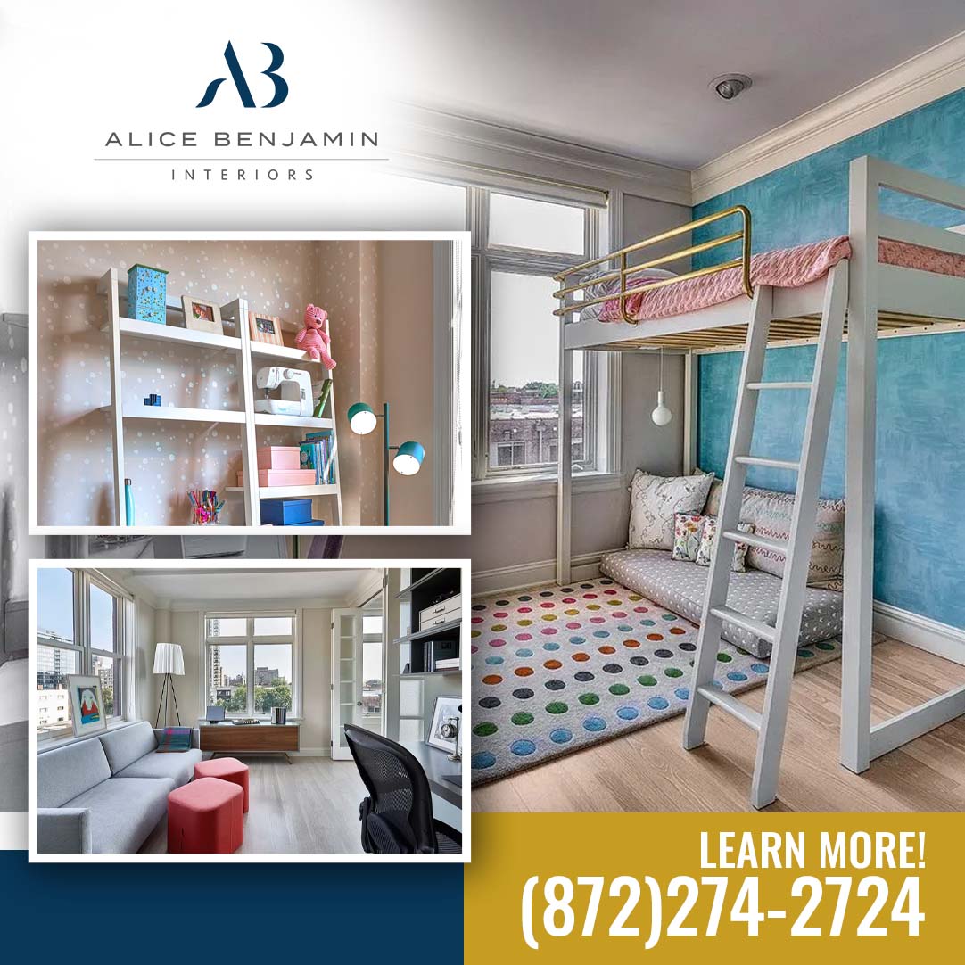 Custom loft bed with reading nook underneath on a colorful polka dot rug, with insets showing styled open shelving and an adjoining bright study/lounge room.
