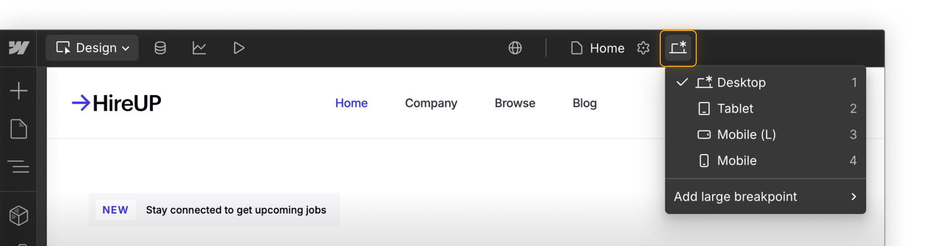 Breakpoints dropdown in the Context bar of Webflow.