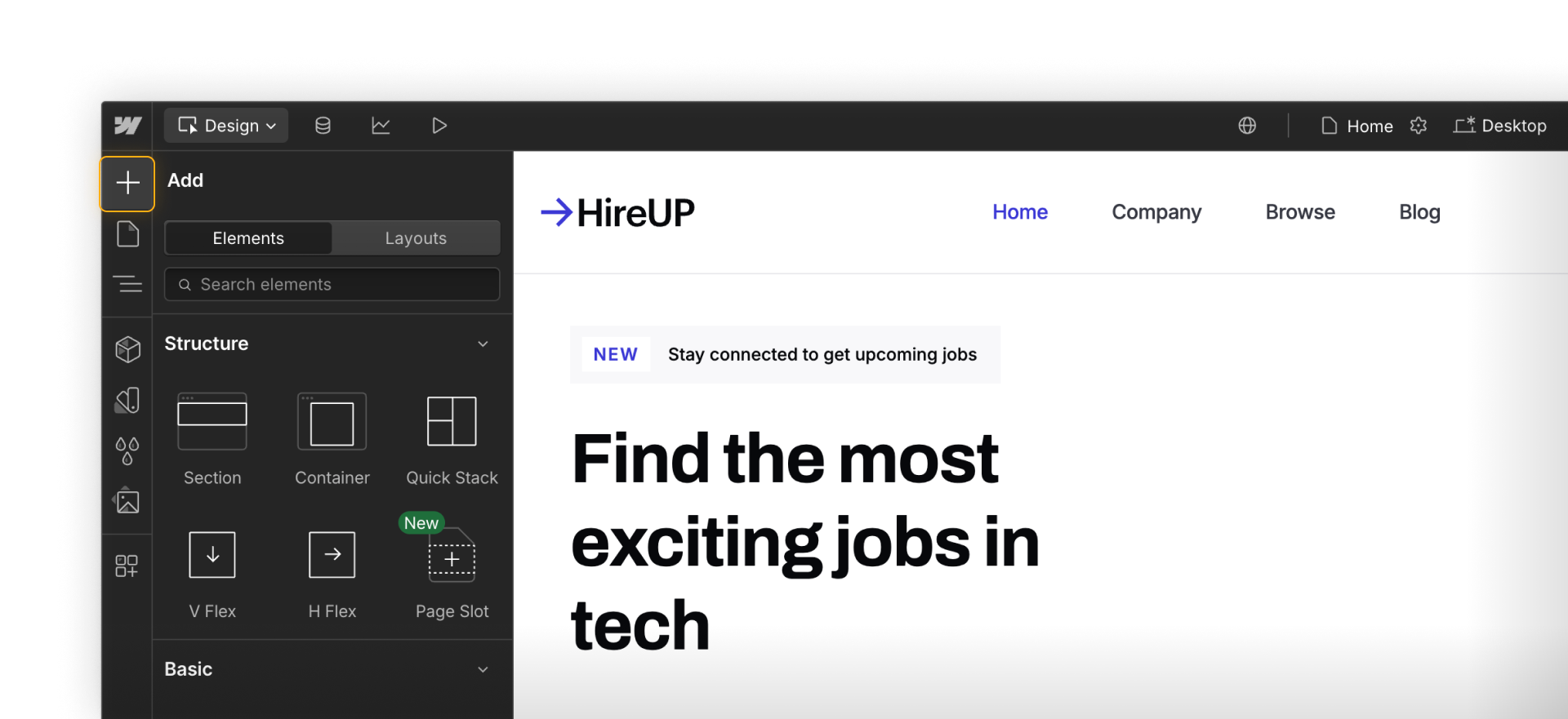 Add elements panel in Webflow.