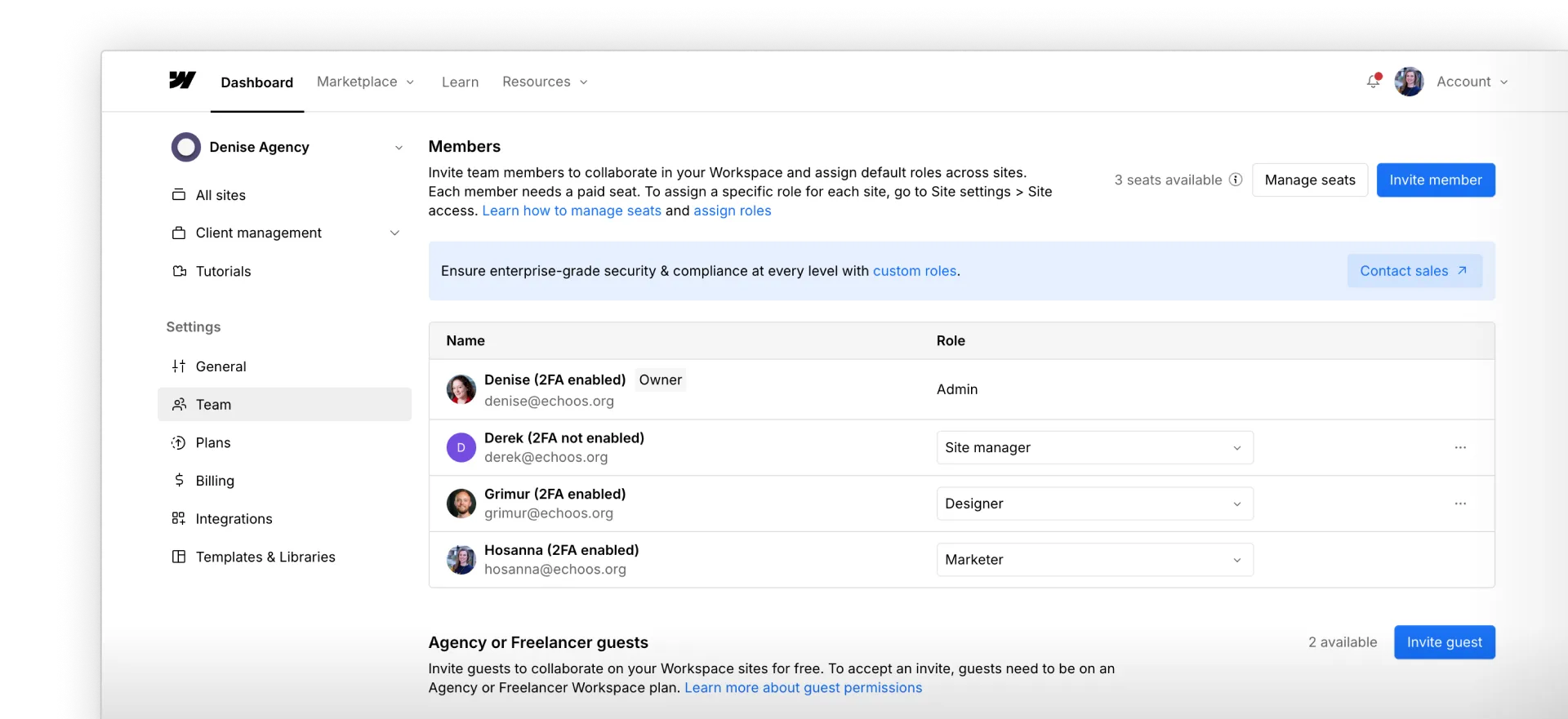 View of a team in Webflow Workspace, including members and their roles.