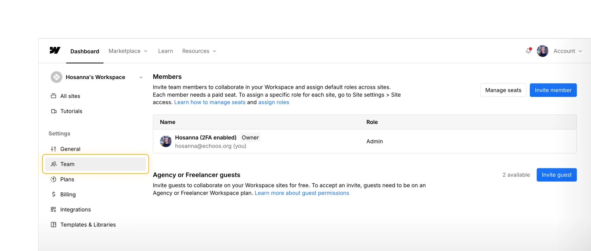 Workspace Team settings showing one Admin member.