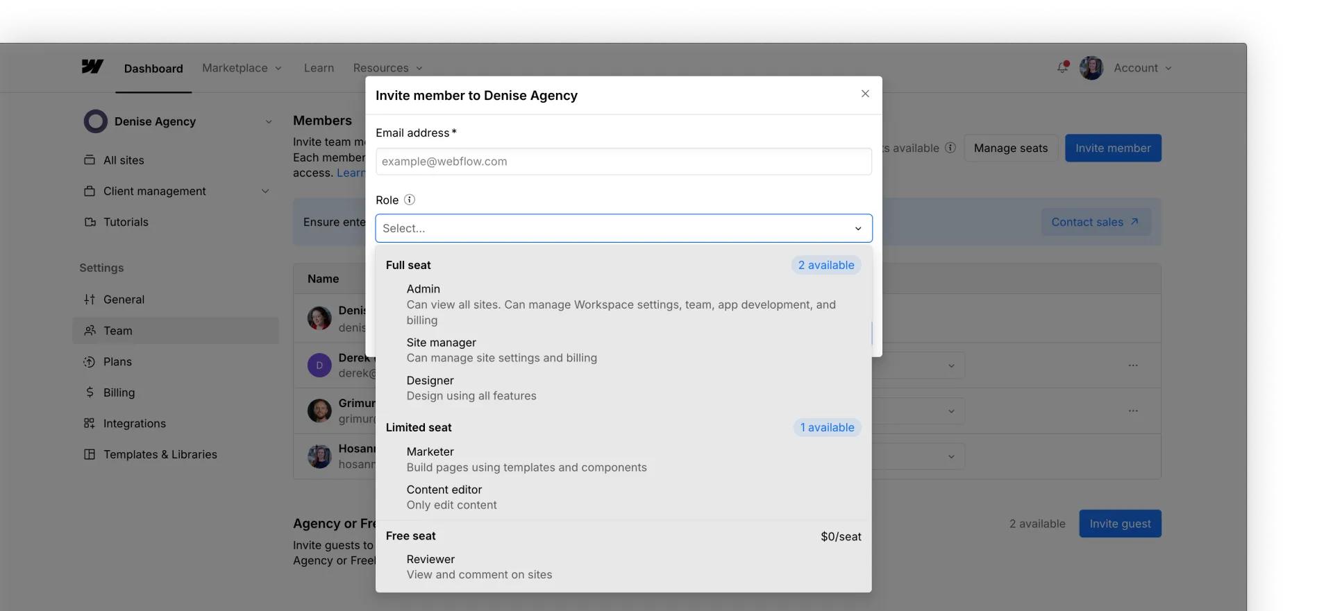 "Invite member" button, invite modal, and role dropdown with list of roles.