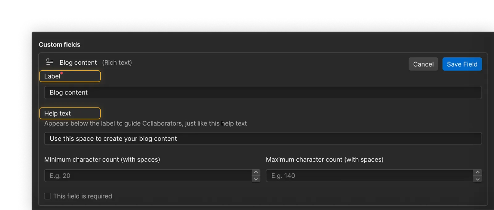 Adding a new field with Label and Help text in Webflow.