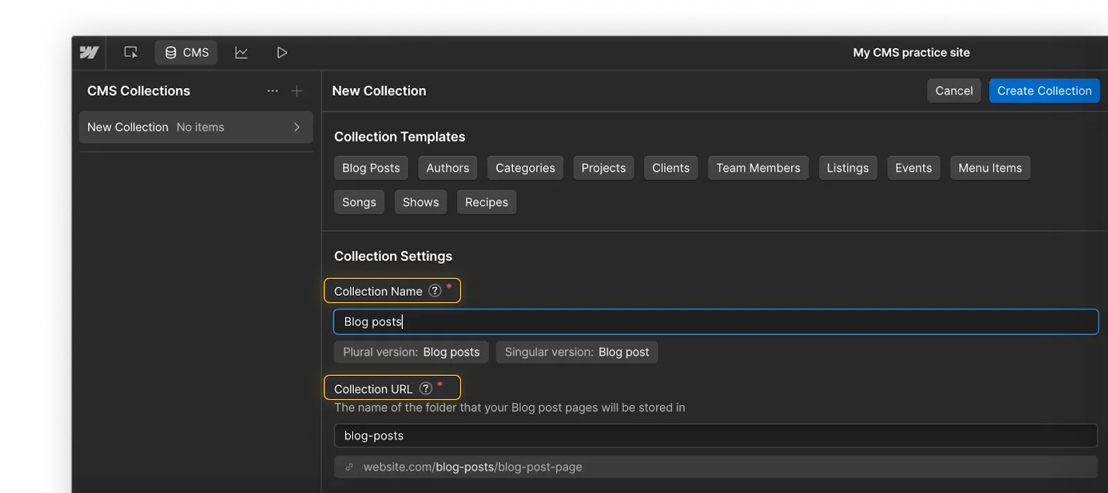 Initial Create Collection workflow showing Collection name and URL.