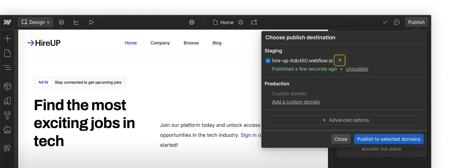 Highlighting the small arrow to navigate to the staged site.