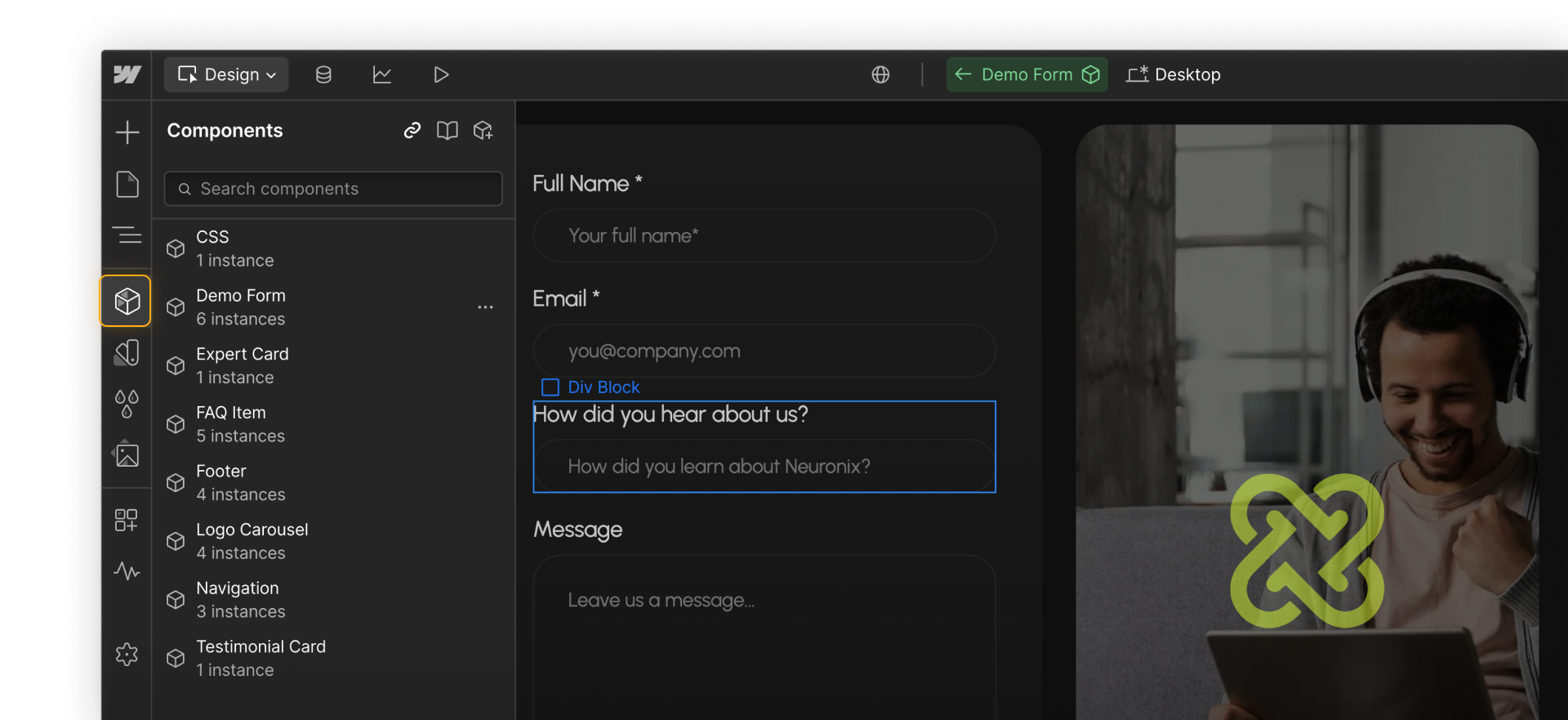 The Webflow Components panel with a “demo form” component highlighted, and the form being edited the canvas.