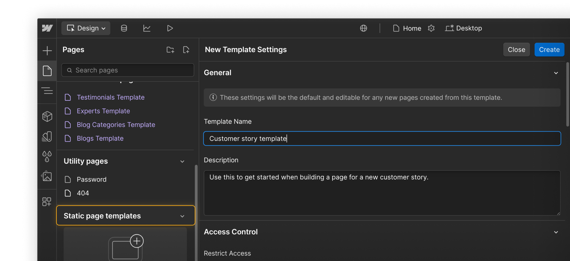 Webflow interface showing the Static page template creation workflow from the Pages panel.