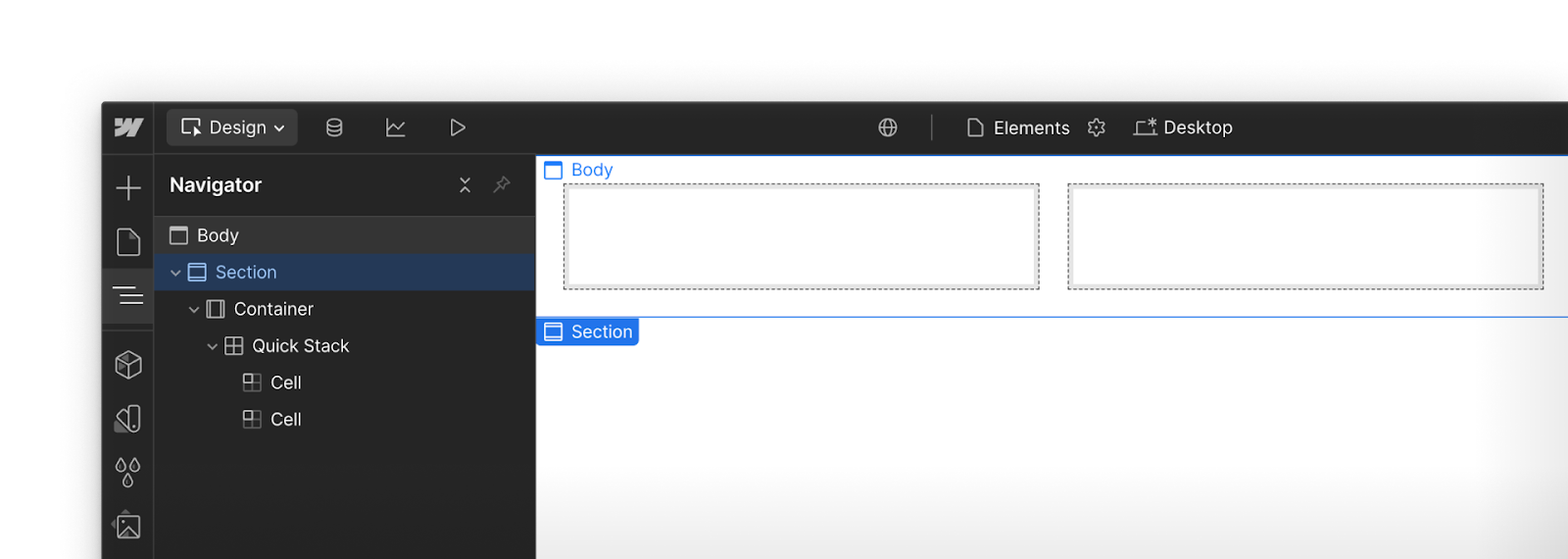 Section, container, and quick stack elements shown nested on a Webflow canvas and listed in hierarchical order in the Navigator panel.
