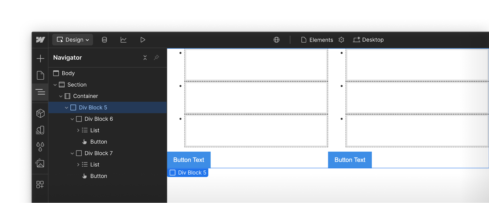 Several div block, list, and button elements laid out side by side on a Webflow canvas and listed in hierarchical order in the Navigator panel.
