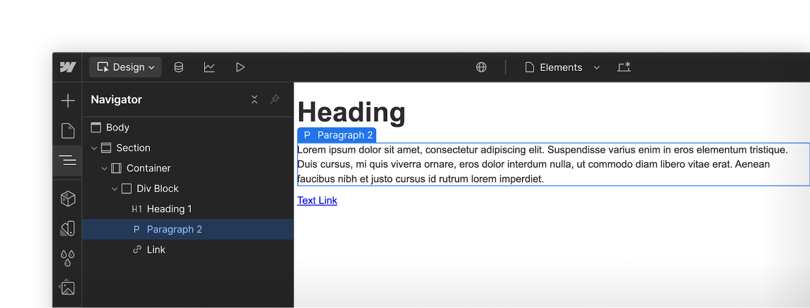 A heading, paragraph, and text link element shown from top to bottom on a Webflow canvas and listed in hierarchical order in the Navigator panel.