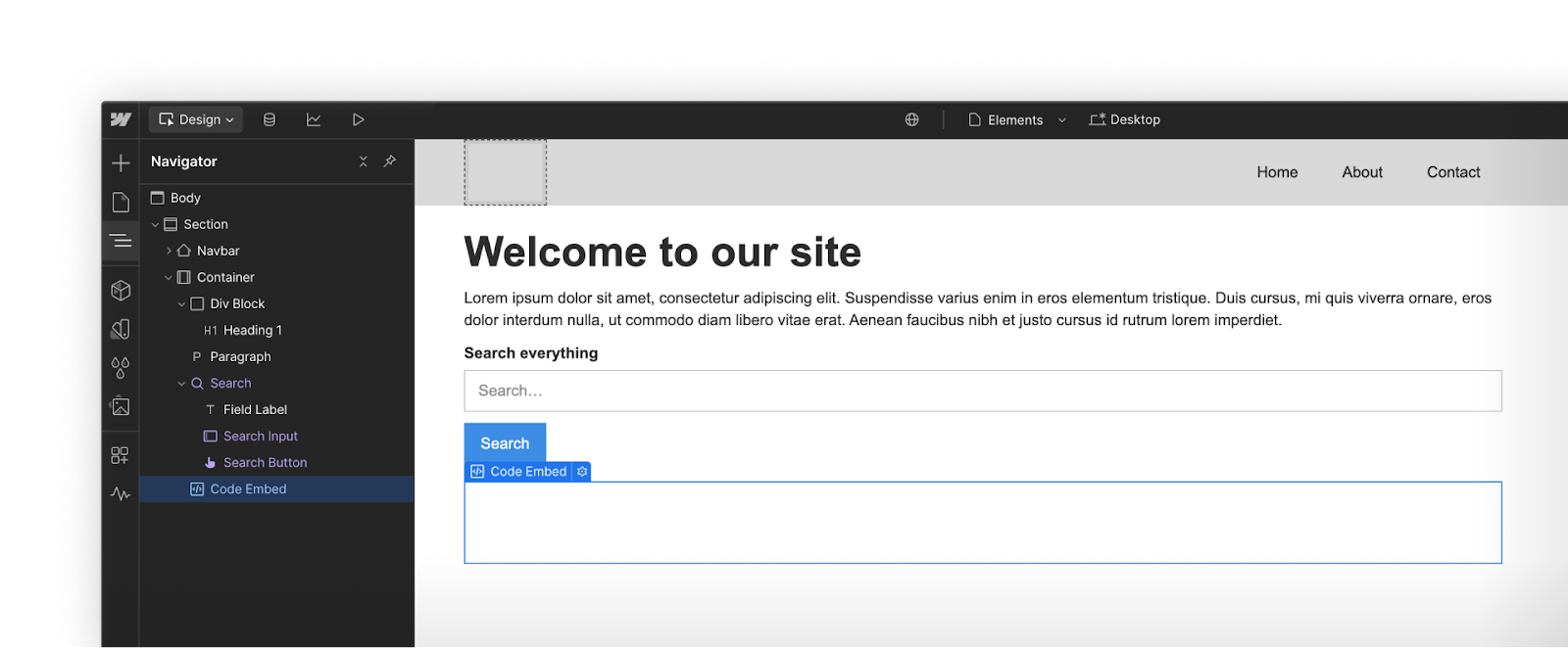 Navbar, search, and code embed elements shown from top to bottom on a Webflow canvas and listed in hierarchical order in the Navigator panel.