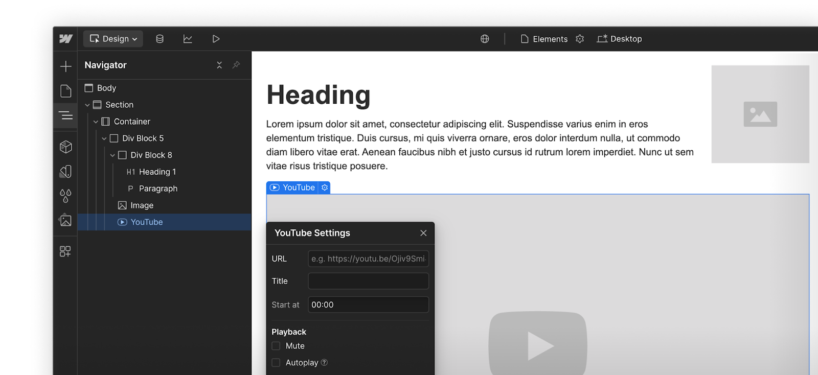 An image and Youtube video element, with settings, shown next to text elements on a Webflow canvas and listed in hierarchical order in the Navigator panel.