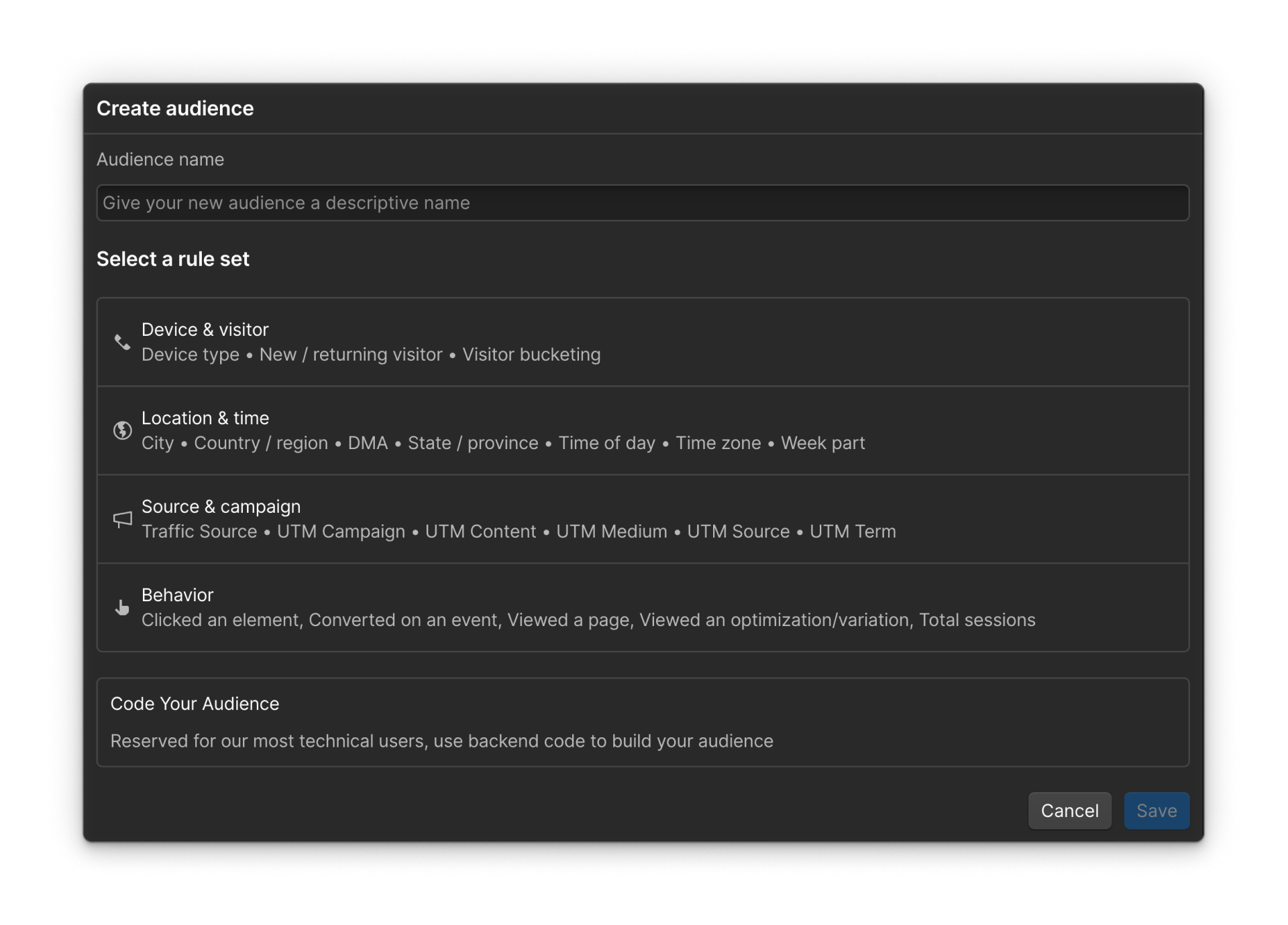 Audience creation panel in Webflow Optimize showing rule set options like device type, location, campaign source, behavior, and code-based criteria.