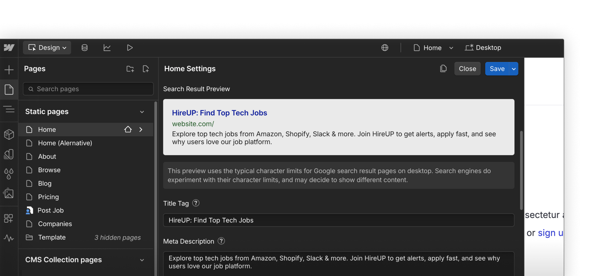 Webflow page settings showing search result preview with title tag and meta description fields.