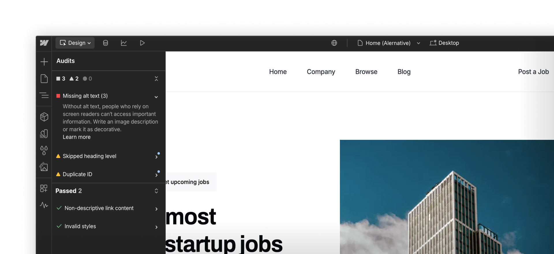 Webflow audit panel showing accessibility issues, including missing alt text, skipped heading, and duplicate ID.