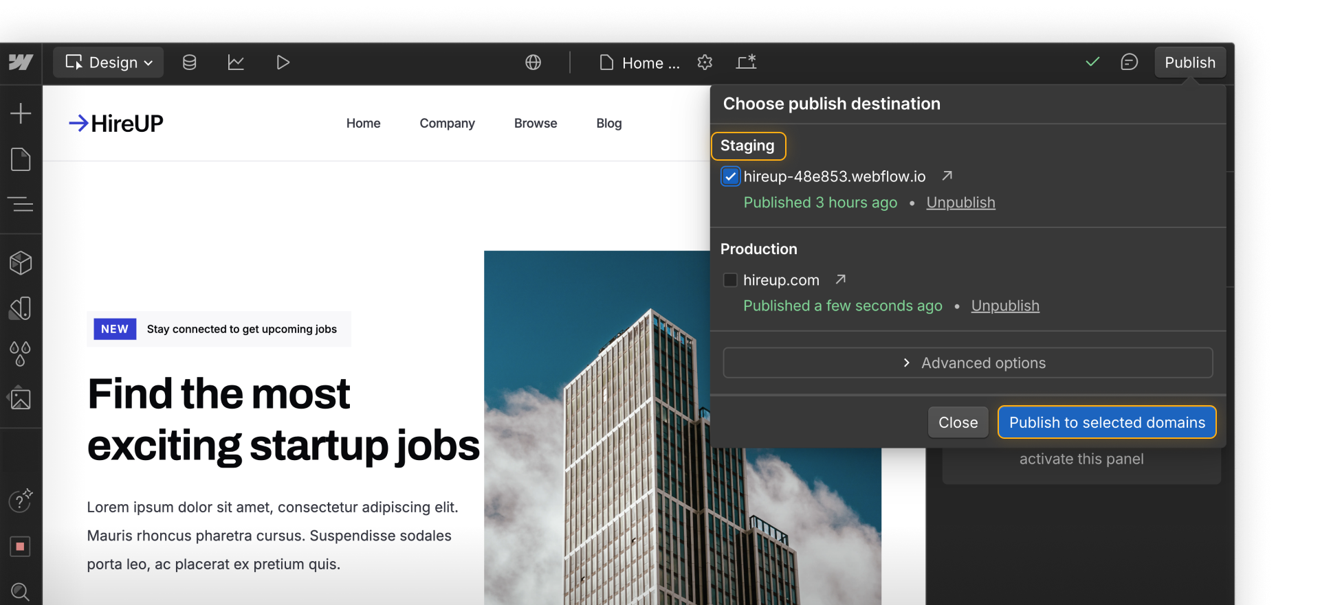 Staging domain selected in the Webflow UI publish destination menu.