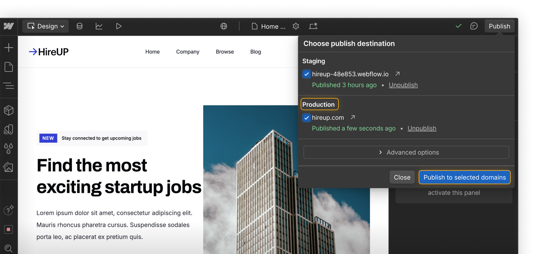 Production domain selected in the Webflow UI publish menu.