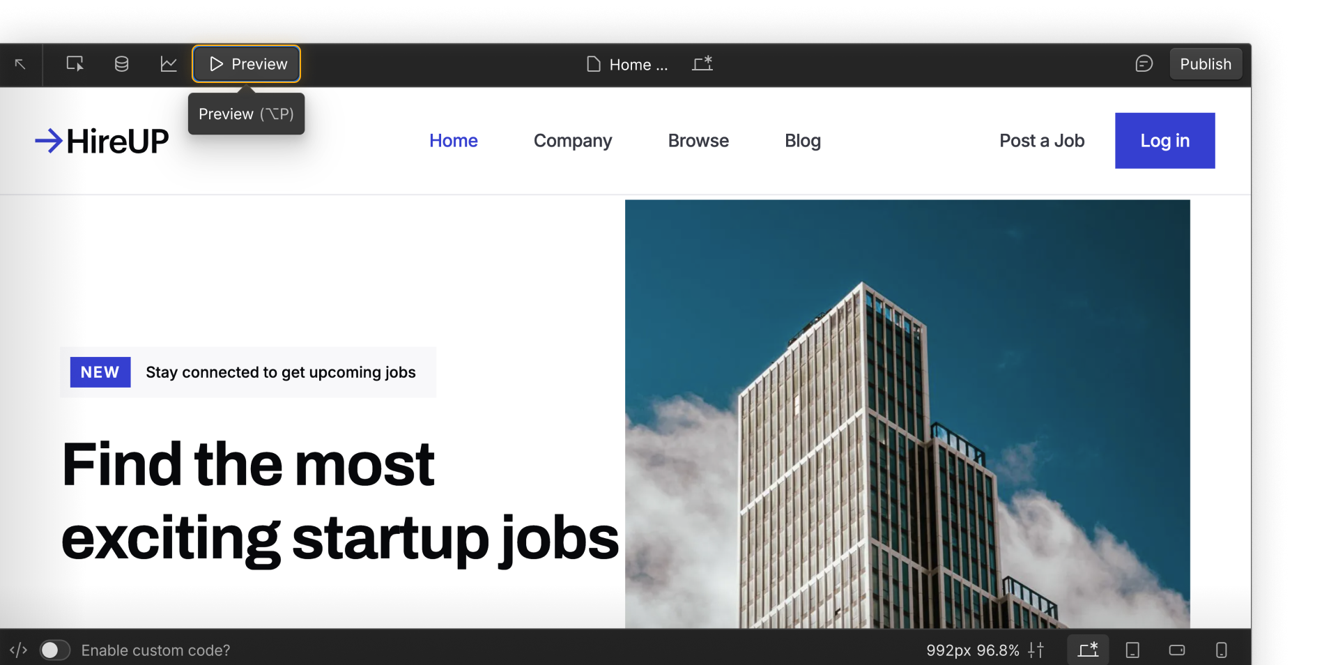 Webflow site in preview mode with the Preview button highlighted.