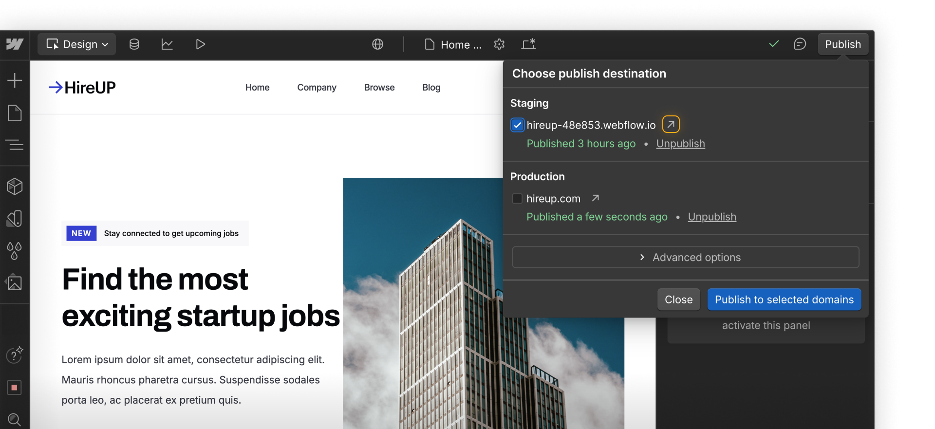Staging site link highlighted in Webflow’s publish destination menu.