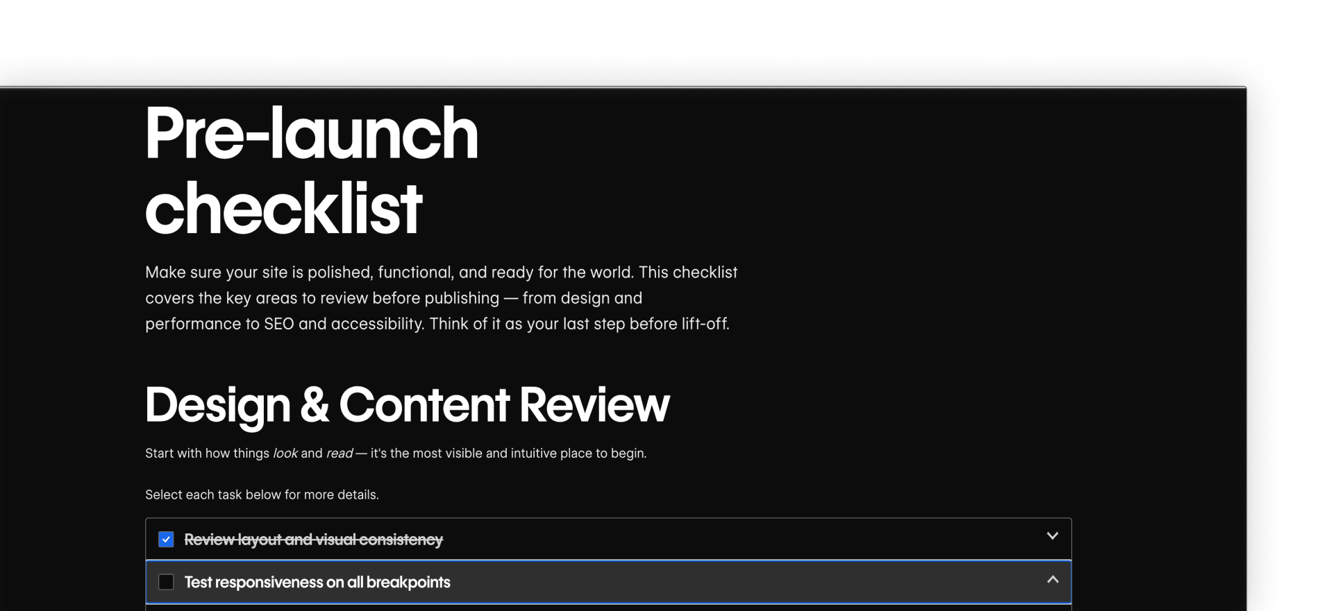 Webflow Pre-launch checklist highlighting design and content review tasks like review layout and visual consistency.