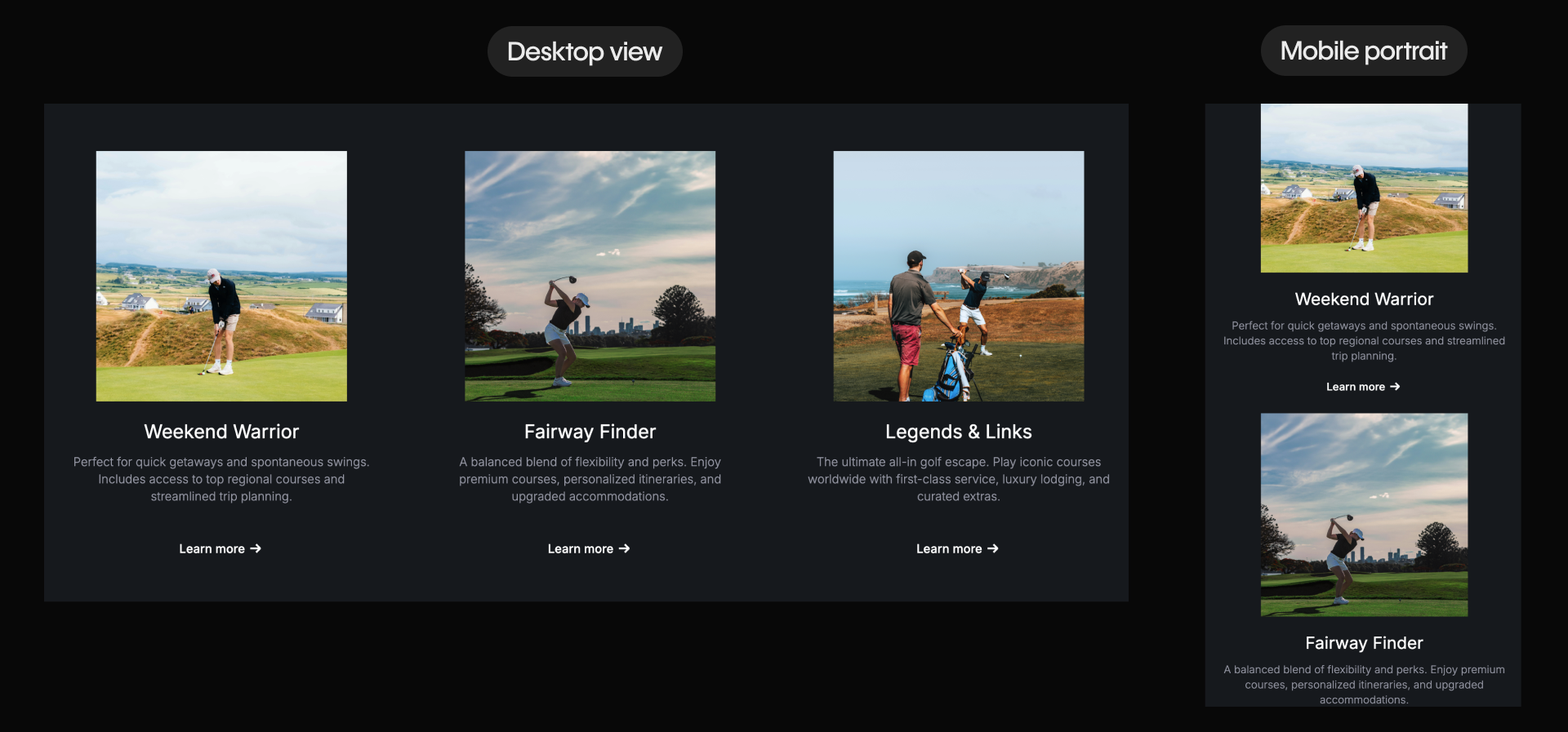 Responsive layout showing three-card grid on desktop view and stacked single-column layout on mobile.