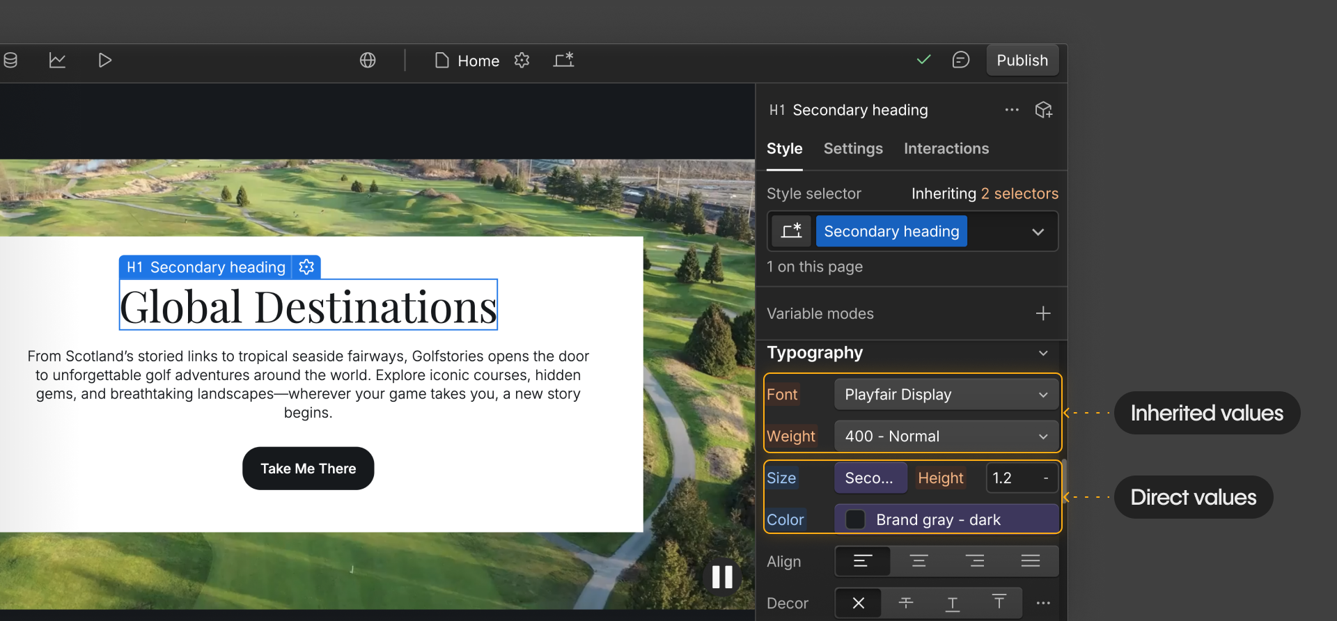 Webflow UI showing selected H1 heading with typography panel highlighting inherited and direct style values.