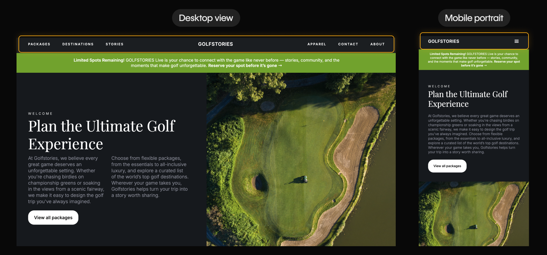 Responsive header and layout showing horizontal nav on desktop and condensed menu with hamburger icon on mobile.