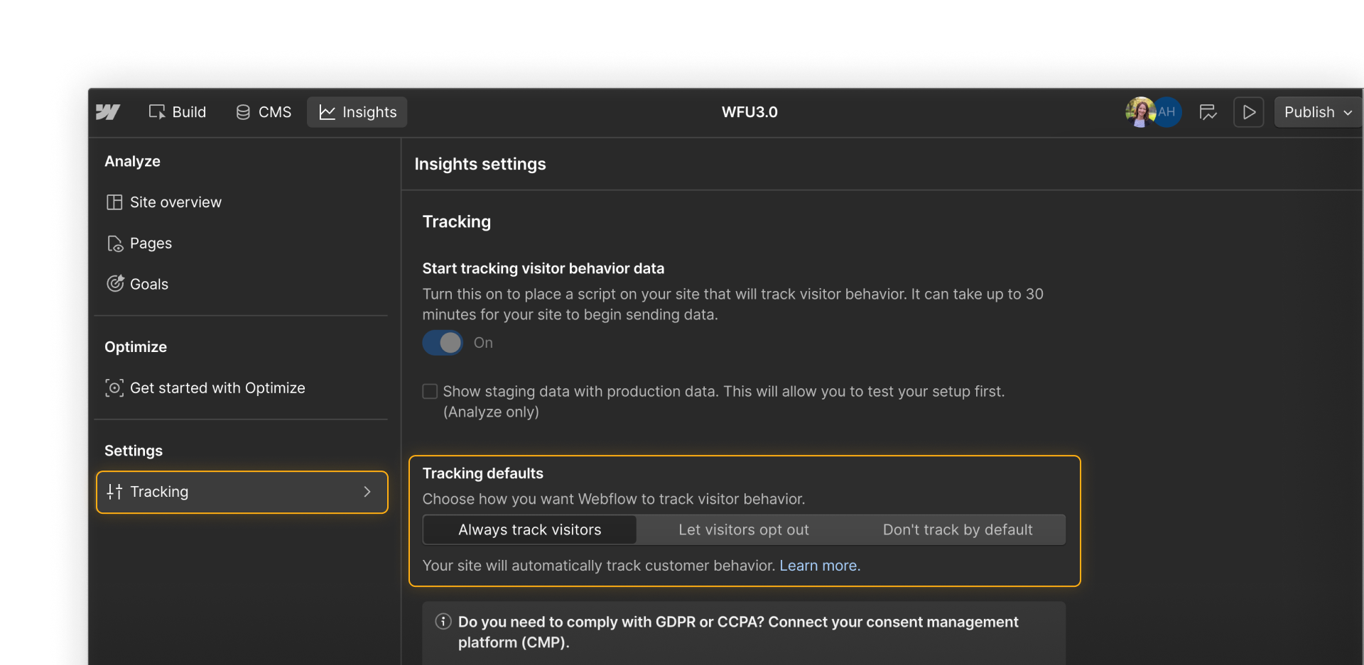 Webflow Analyze tracking settings showing Always track, Opt-out, and Opt-in visitor tracking modes.