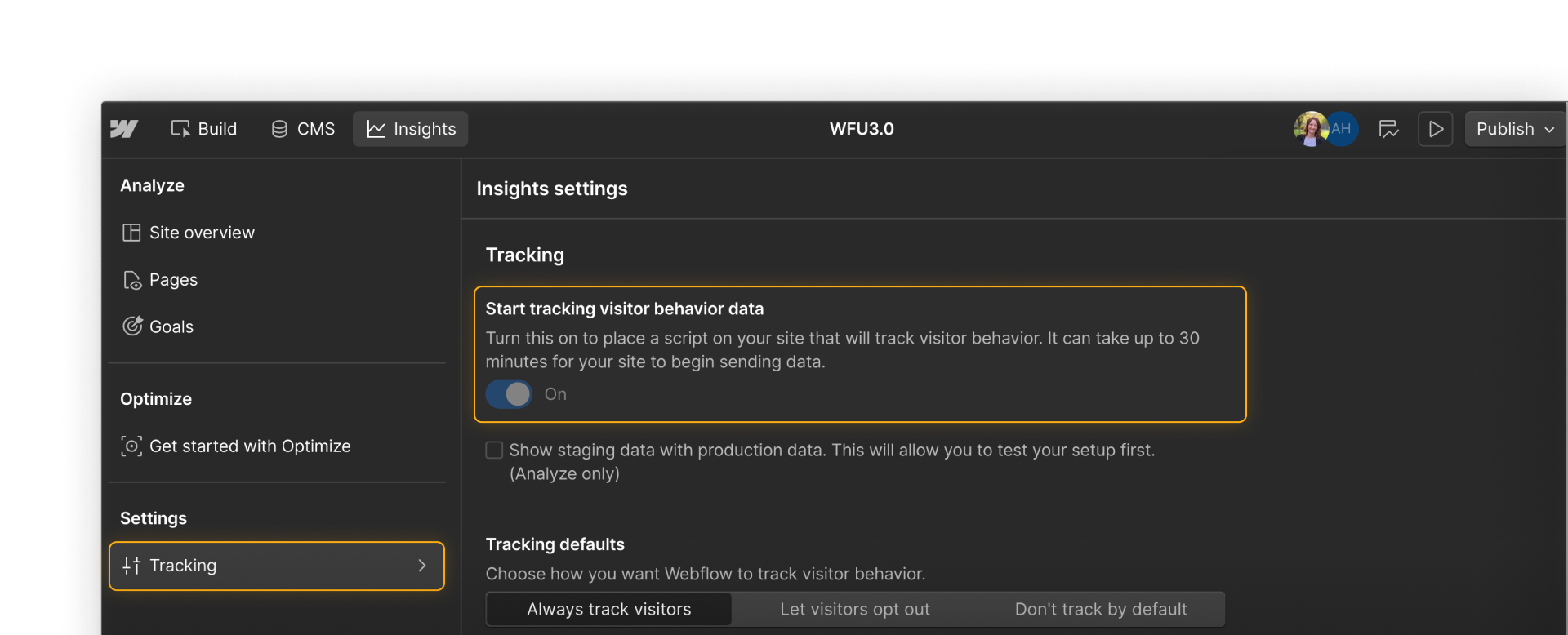 Insights settings in Webflow showing tracking toggle to enable visitor behavior data for Webflow Analyze.