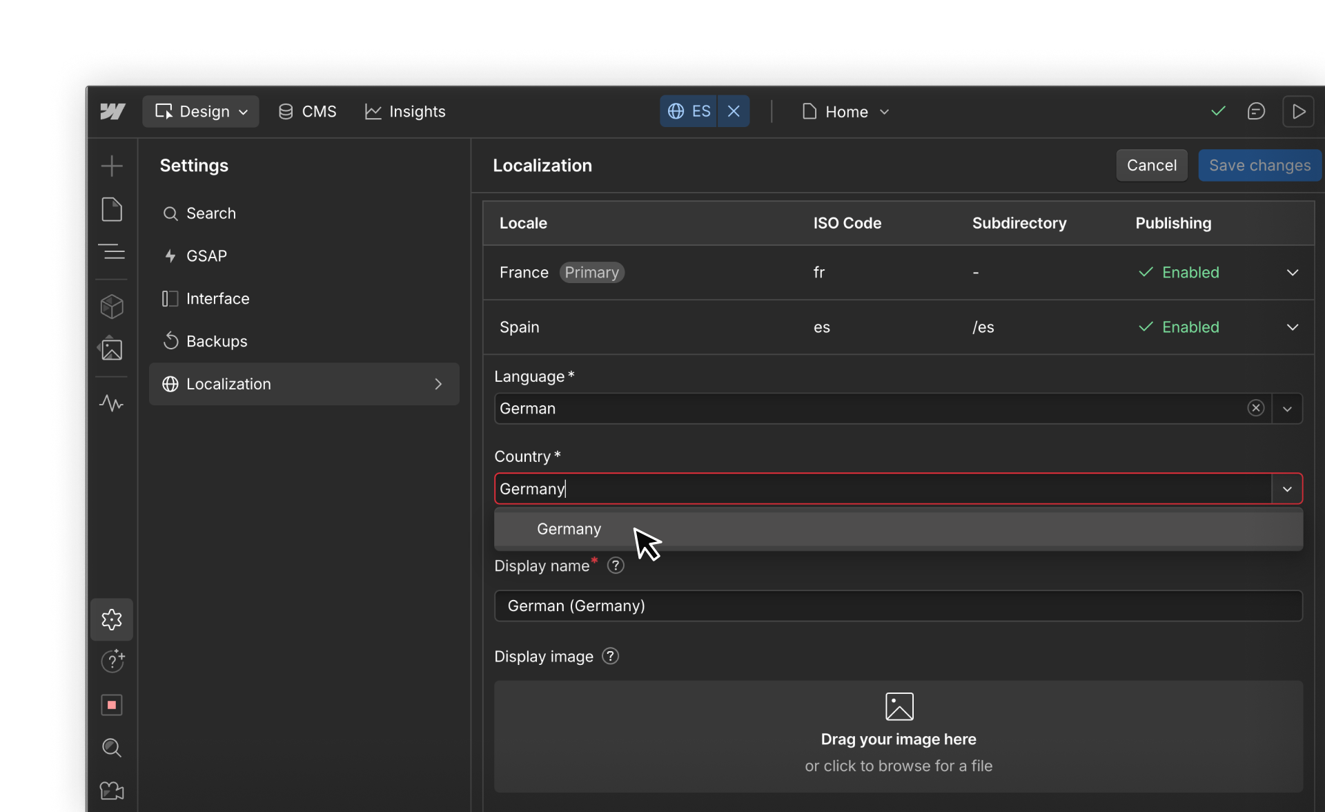 Localization settings in Webflow showing how to add a new German locale with country and language selected.