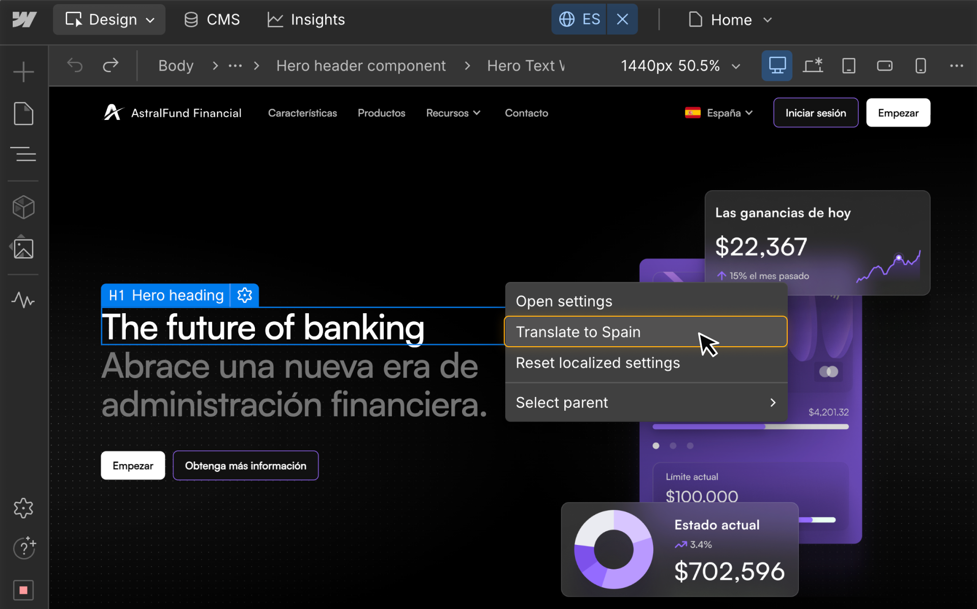 Webflow Localization UI with the Translate to Spain option highlighted to apply native machine translation for the Spain locale.