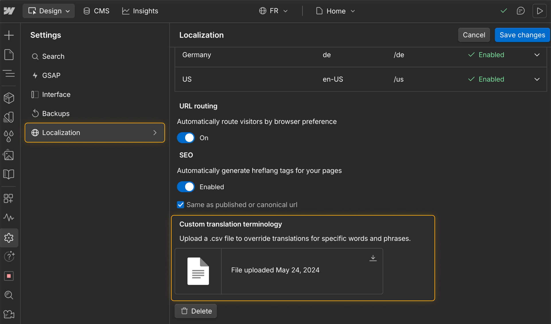 Localization settings in Webflow showing a custom translation terminology file uploaded to override default terms.