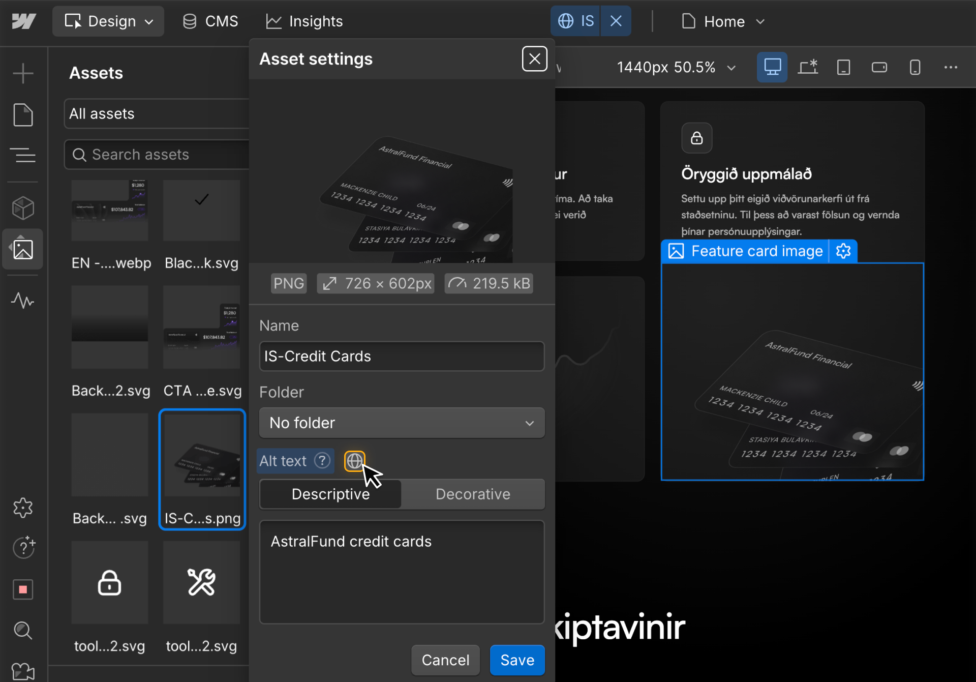 Webflow asset settings panel showing how to add descriptive alt text to an image for localization and accessibility.