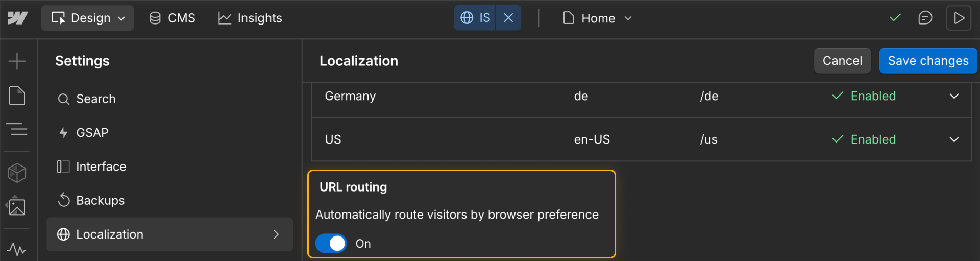 Localization settings in Webflow with URL routing enabled to automatically direct users by browser language.