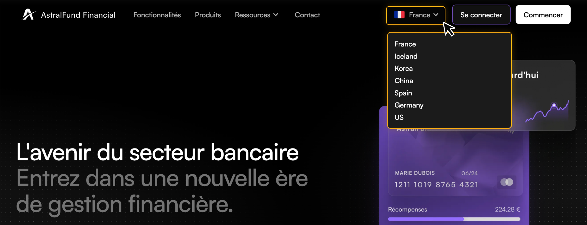 Website with a language dropdown open, showing locale options like France, Korea, Spain, and US