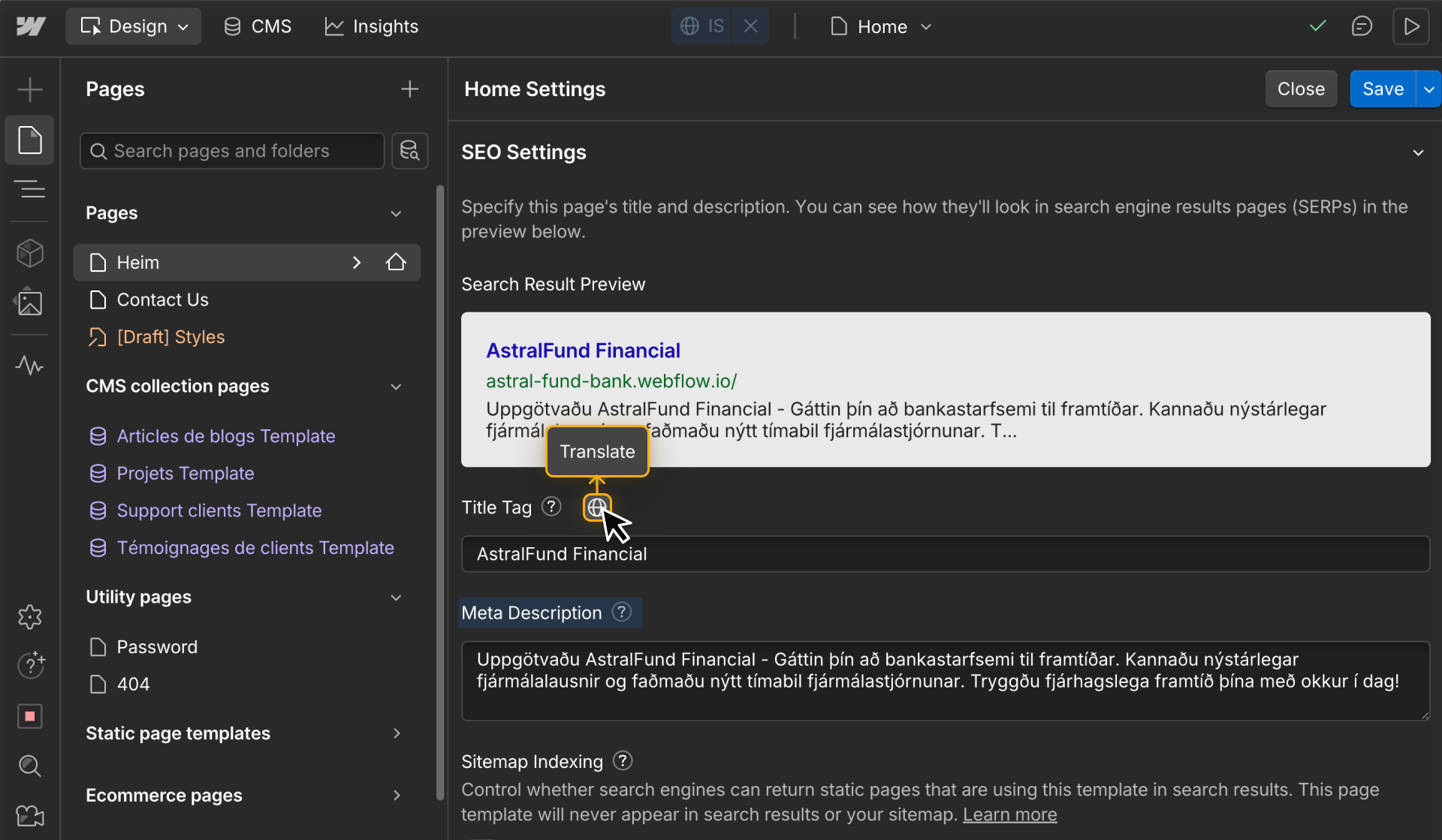 Webflow page settings showing localized SEO title and meta description with Translate tooltip highlighted.