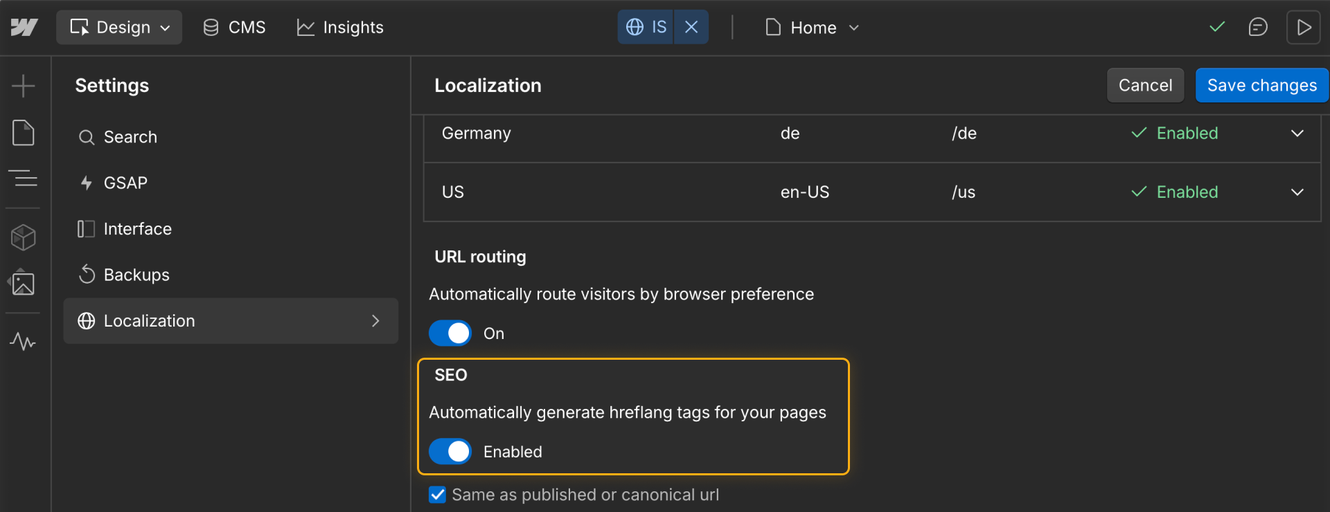 Localization settings in Webflow with SEO option enabled to auto-generate hreflang tags for translated pages.