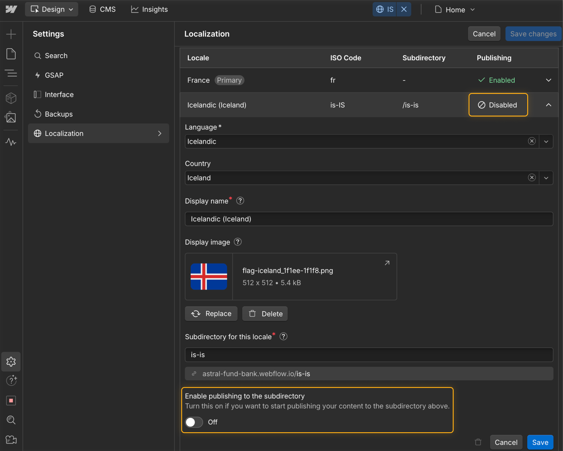 Webflow Localization settings showing a disabled Icelandic locale with subdirectory publishing toggle turned off.