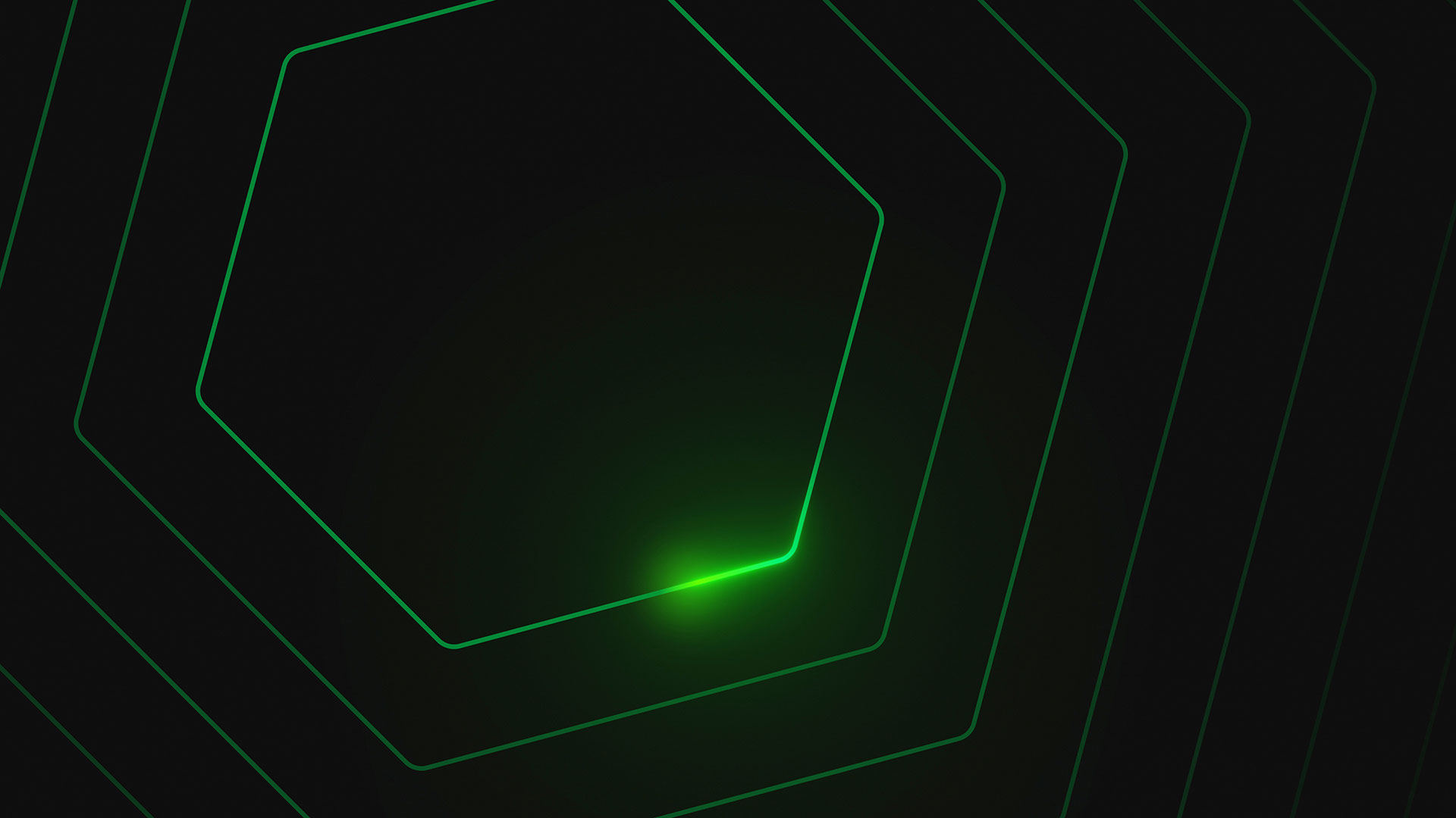Abstract dark illustration with glowing green hexagonal concentric lines forming a pattern from the center.
