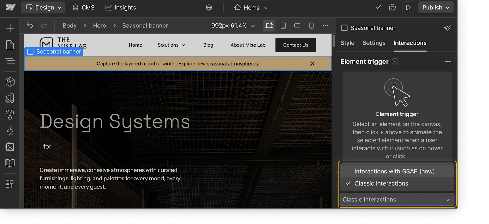 The Interactions panel in Webflow showing a dropdown to toggle between Classic Interactions and Interactions powered by GSAP.