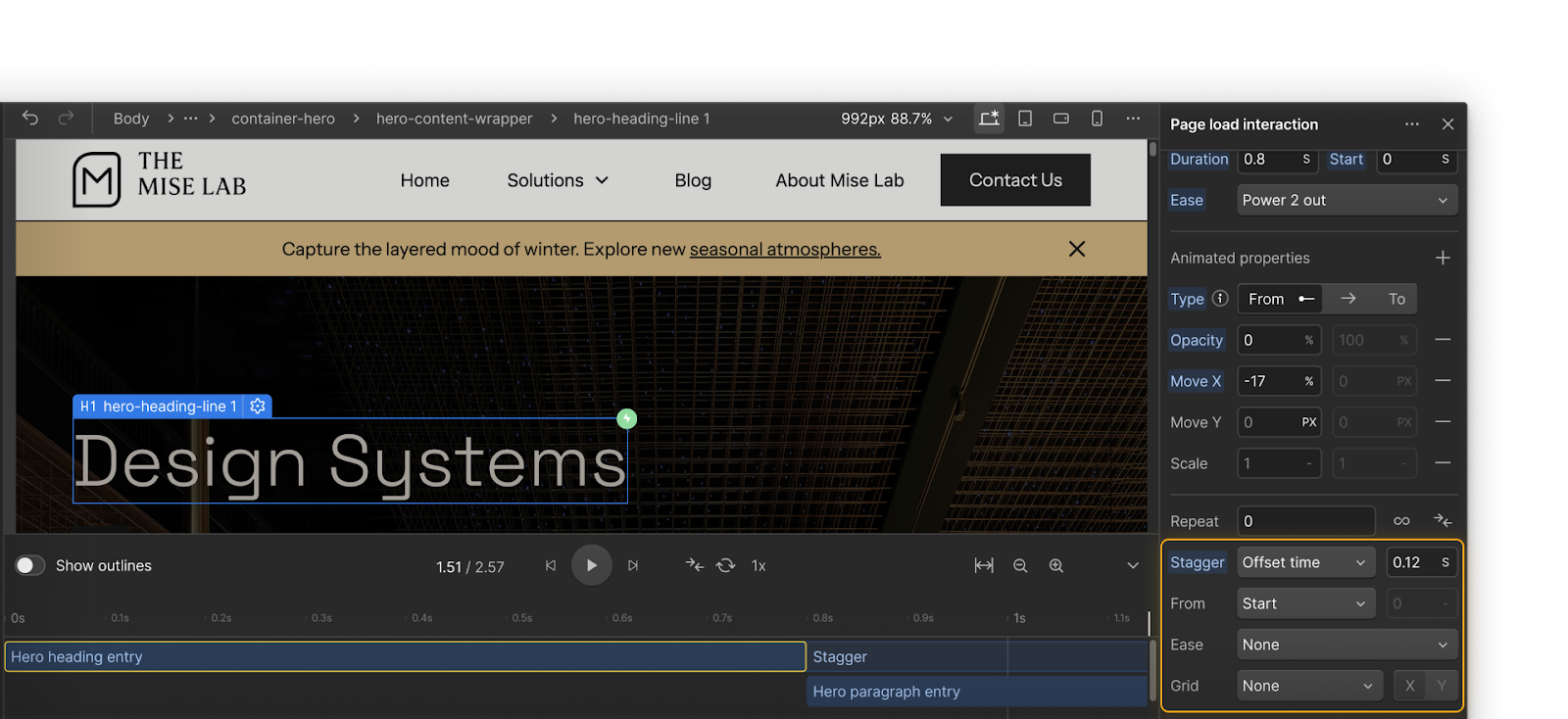 The Webflow Interactions panel and timeline showing an action with a stagger added.