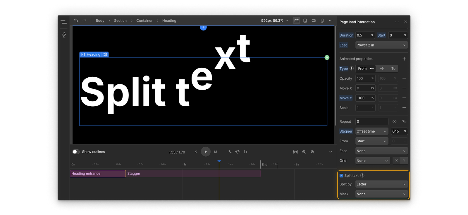 A heading showing split text by letter with a 0.15 second stagger.
