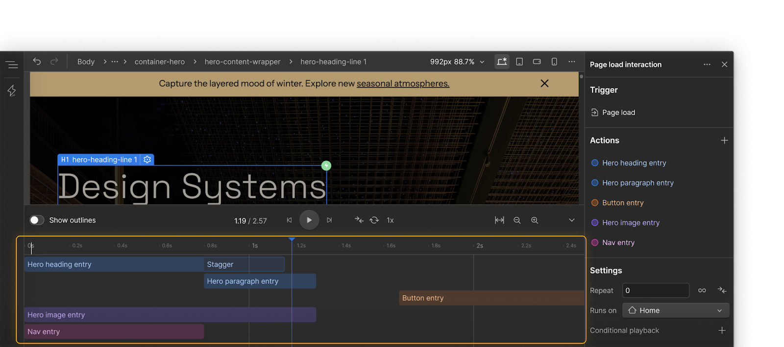 A timeline showing stacked actions for a page hero entrance on page load.