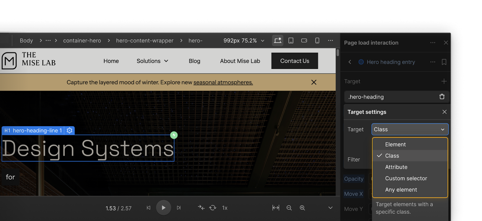 Target options dropdown showing Element, Class, Attribute, Custom selector, and Any element.